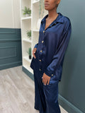 Sea Blouse Navy Blue Silk Satin Blouse With Gold Buttons